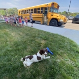 A picture of students by a school bus with a dog in the foreground.